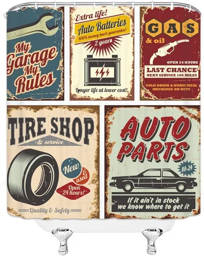 Miniatura 2 de Cortina de ducha para automóvil, estilo retro de los años 50, accesorios antiguos para automóvil, póster de reparación estadounidense, placa