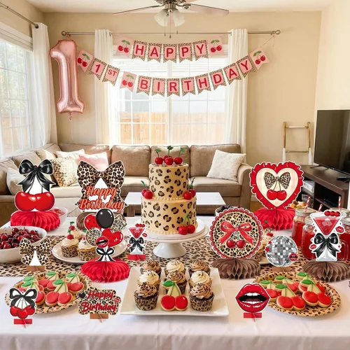 Miniatura 4 de Haooryx Centros de mesa de panal de cereza, guepardo rojo, 12 piezas, estampado de leopardo, lazo negro, decoración de mesa para fiesta
