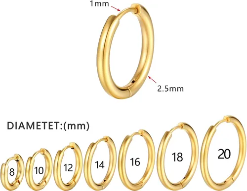 Miniatura 2 de 7 pares de aretes de aro de acero inoxidable quirúrgico 316L para mujeres y hombres, chapados en oro de 18 quilates, aretes de aro pequeños