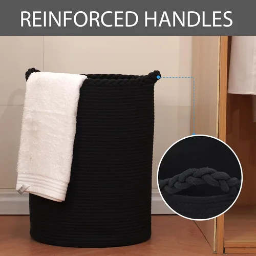 Miniatura 2 de Canasta de lavandería tejida de 58L, canasta alta de lavandería de algodón para mantas, ropa, almohadas, juguetes, zapatos, gran cesta de lavandería