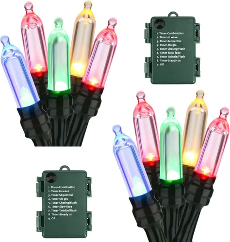 Miniatura 12 de BrizLabs - Cadena de luces verdes, 5.47 metros, 50 luces LED para Navidad, 8 modos, luces de batería verdes para interiores/exteriores, mini cadena