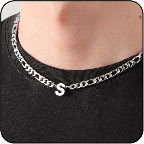 GLITTO Collar de cadena Figaro con inicial A-Z para hombres, niños y mujeres, colgante de letra, acero inoxidable, 0.256in, 18+2 pulgadas, regalo de