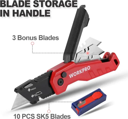 Miniatura 5 de WORKPRO Cuchillo utilitario plegable, cambio rápido de cuchillas, cuchillo de afeitar para cartones, cartón, cajas, almacenamiento de cuchillas