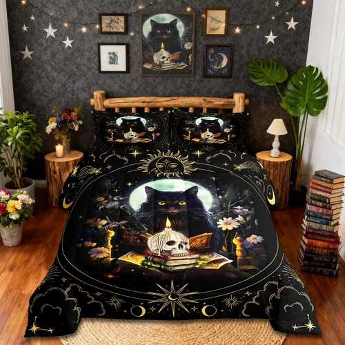 Miniatura 19 de Castle Fairy Juego de edredón con diseño de gato lindo para niños, tamaño twin, juego de ropa de cama con hojas de flores, luna, noche y cielo
