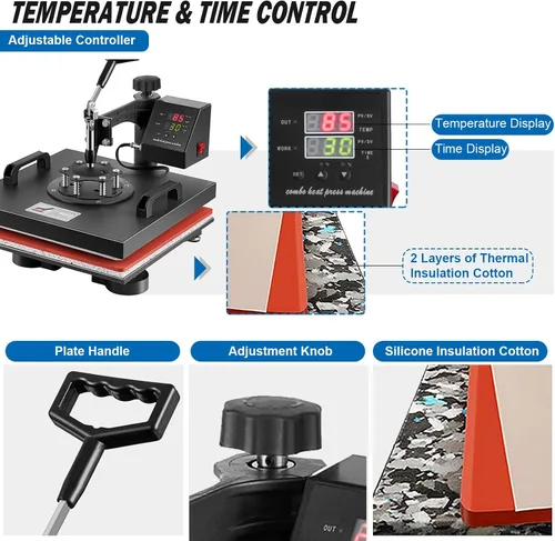 Miniatura 5 de TOPDEEP Máquina de prensa de calor 5 en 1, prensa de calor de 15 x 15 pulgadas, máquina de prensado de camisetas, diseño deslizante, máquina