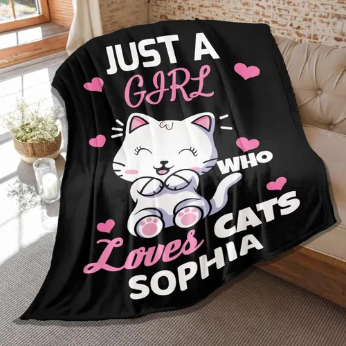 Manta personalizada con texto en inglés «Just Girl Loves Cats», añade tu propio nombre, mantas de franela personalizadas para niños, perros y gatos,
