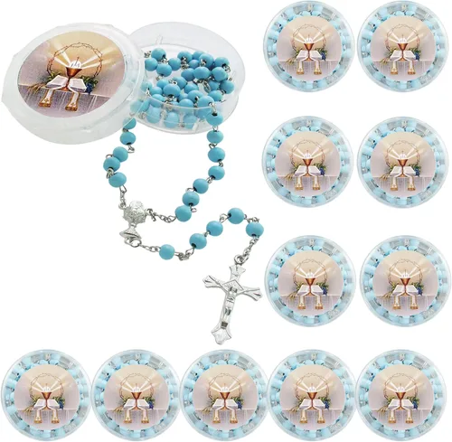 Recuerdo de rosario perfumado para la Primera Comunión – 12 rosarios con caja de regalo individual y bolsa de organza., Madera, No es una piedra