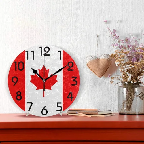 Miniatura 2 de Naanle Elegante reloj de pared redondo con estampado de bandera de Canadá, 9.5 pulgadas, funciona con pilas, reloj de escritorio analógico Coral