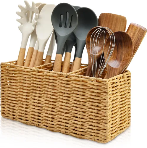 Miniatura 8 de Ayiaren Organizador de cubiertos de plástico gris para cubiertos, organizador de utensilios pequeños para encimera de cocina, fiesta, cubiertos