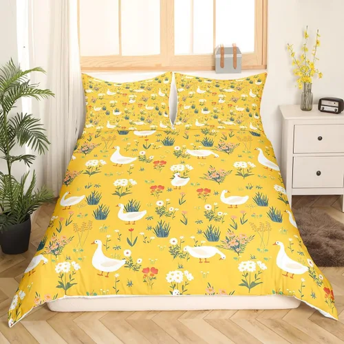Miniatura 22 de Erosebridal Funda de edredón para niños y niñas, diseño de pato amarillo, diseño de patos de dibujos animados, juego de ropa de cama de animales