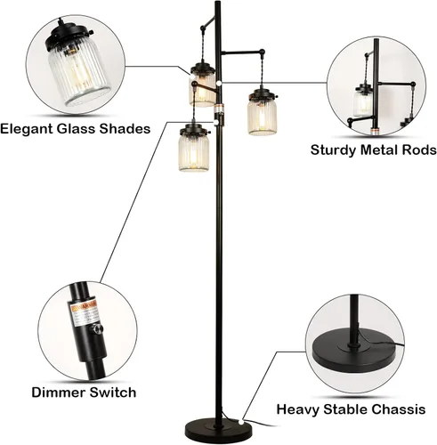 Miniatura 4 de Lámpara rústica industrial de granja con 3 pantallas de vidrio, lámparas de pie altas con interruptor regulable, base resistente, lámparas de pie