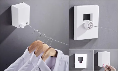 Miniatura 5 de Tendedero retráctil para exteriores e interiores, resistente de acero inoxidable ajustable con cuerda de secado de alambre con funda de ABS + Rosa