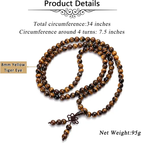 Miniatura 5 de Jovivi Collar tibetano de 0.236 in 0.315 in, 108 cuentas de piedras preciosas naturales de ojo de tigre de oración Mala