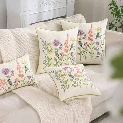 Miniatura 7 de Juego de 2 fundas de almohada bordadas de 16 x 16 pulgadas, diseño vintage de pájaros con flores, fundas de almohada de granja para almohada, fundas