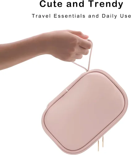 Miniatura 5 de E-Tree Bolsa de maquillaje de piel sintética para mujer, organizador de cosméticos de viaje con doble cremallera, bolsa de aseo pequeña impermeable