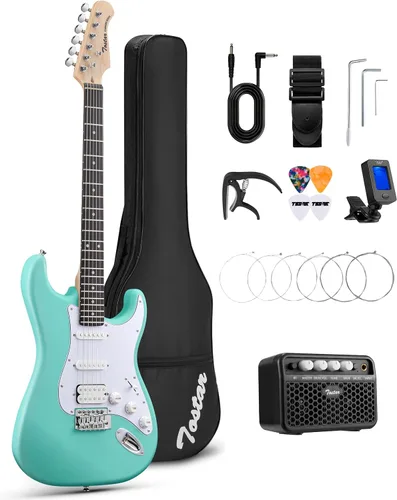 Miniatura 16 de Tostar Kit de guitarra eléctrica con amplificador, 39 pulgadas, tamaño completo, 6 cuerdas, ligero, diseño de cuerpo redondeado, interruptor