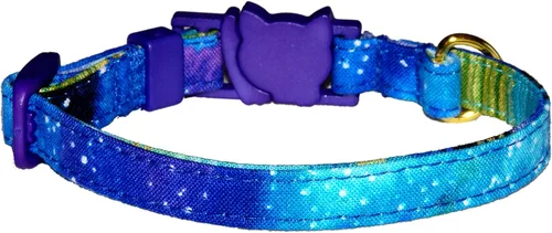 Miniatura 2 de Collar de gato con galaxia, Cosmos de azul y morado, 100% algodón, 3/8 pulgadas de ancho, 2 tamaños, hebilla de seguridad separable, hecho a mano