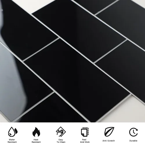 Miniatura 6 de Black Peel and Stick Backsplash Subway Tile, 12"x12", 6-Sheet Self Adhesive, Faux Ceramic, Glossy, 5.97 SQ.FT, For Kitchen Bathroom