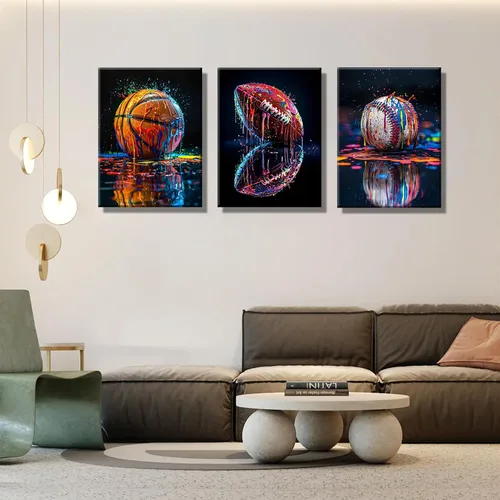 Miniatura 4 de 3 piezas de arte de pared en lienzo deportivo de graffiti para habitación de niños, rústico, fútbol, béisbol, fútbol americano, rugby, decoración