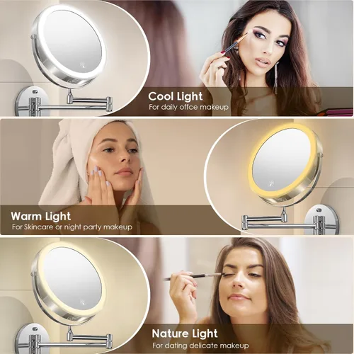 Miniatura 8 de MNIENT Espejo de maquillaje iluminado montado en la pared, espejo de aumento recargable de doble cara de 8 pulgadas, 1x/10x, espejo de tocador LED