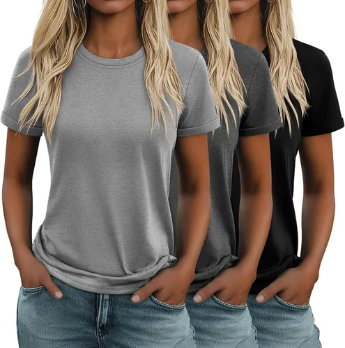 Miniatura 27 de Huukeay Paquete de 3 camisetas de algodón para mujer, estilo casual, de manga corta, cuello redondo, ajuste holgado, básica, lisa