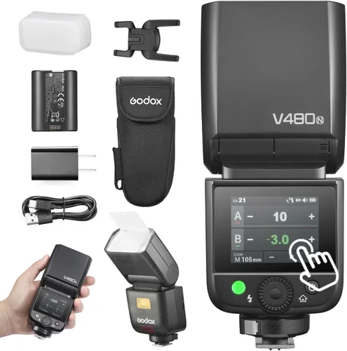 Godox Flash TTL V480N para Nikon, GN50 de alto rendimiento, batería de litio incorporada, 1/8000 HSS, 2.4GX TTL inalámbrico, tiempo de reciclaje de