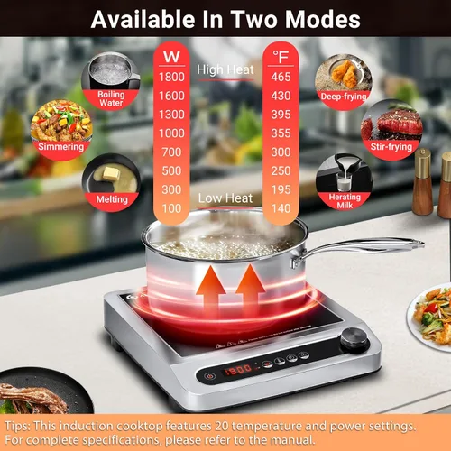 Miniatura 4 de AMZCHEF Placa de cocción de inducción comercial, quemador de encimera de 1800 W con 18 ajustes de potencia y temperatura, doble IGBT, temporizador