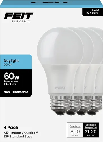 Miniatura 14 de Feit Electric Bombilla LED A19, equivalente a 60 W, base media E26, 800 lúmenes, blanco neutro 3500 K, bombilla estándar no regulable, vida útil
