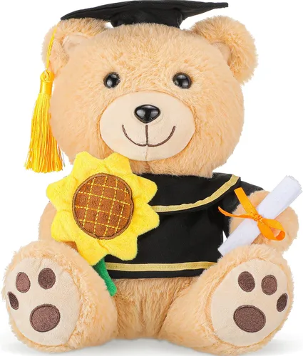 Chalyna Oso de graduación de 10 pulgadas con sombrero, diploma y girasol, regalo de preescolar para niños, estudiantes, amigos y familiares