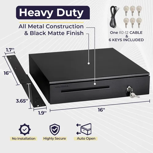 Miniatura 2 de Volcora Cajón de caja registradora con soporte de metal de montaje debajo del mostrador, cajón de efectivo negro de 16 pulgadas para POS, bandeja