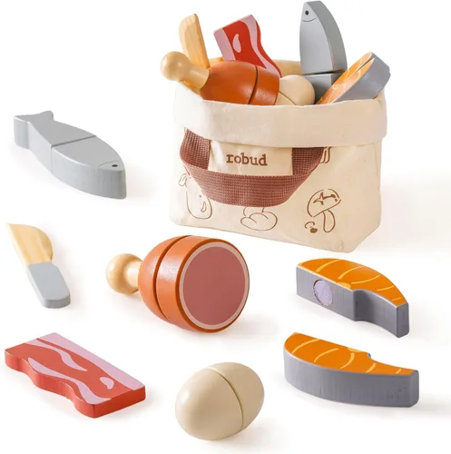 ROBUD Juego de Comida de Madera para Jugar, Alimentos de Juguete para Cortar para Cocina de Simulación de Niños, Accesorios de Juguete de Cocina con