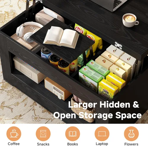 Miniatura 4 de UNIQUITE Mesa de centro elevable de 40 pulgadas, mesas auxiliares de elevación multifunción 4 en 1 con almacenamiento y compartimento oculto, mesas