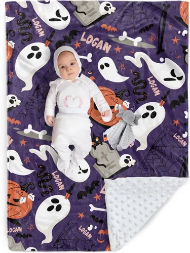Miniatura 14 de Manta de Halloween personalizada, diseños de dibujos animados con nombre personalizable, manta de franela de felpa suave con respaldo punteado