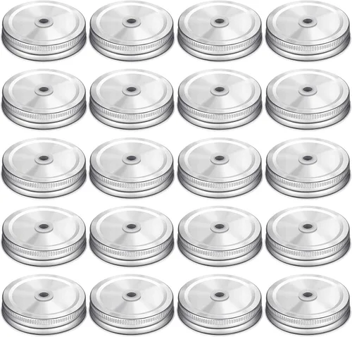 Honoson 20 tapas con pajita para tarros de conservas de boca regular, de metal de acero inoxidable, con agujero para pajilla, a prueba de fugas,