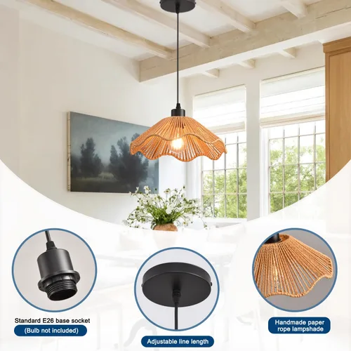 Miniatura 6 de 3 Pack Brown Woven Pendant Light Fixtures,11.81" Rattan Pendant Lights Farmhouse Basket Light Fixture Adjustable Boho Hanging Lamp for Kitchen