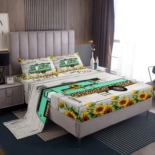 Miniatura 13 de Juego de sábanas con temática de camping feliz, juego de ropa de cama de viaje para niños, niñas, niños, adolescentes, decoración de dormitorio