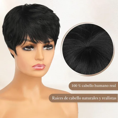 Miniatura 4 de RUWISS Peluca de cabello humano con corte Pixie, peluca de cabello humano con flequillo, peluca negra corta natural en capas, ondulada, diferentes