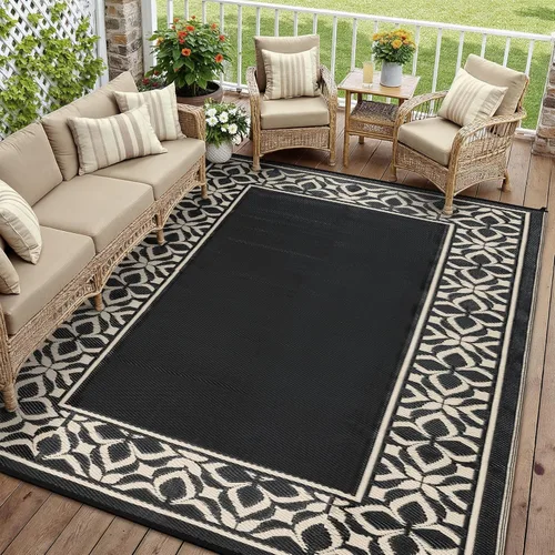 Miniatura 2 de PureCozy Alfombra de paja de plástico para exteriores, color negro, beige, grande, impermeable, para patio, 5 x 8 pulgadas, geométrica, reversible