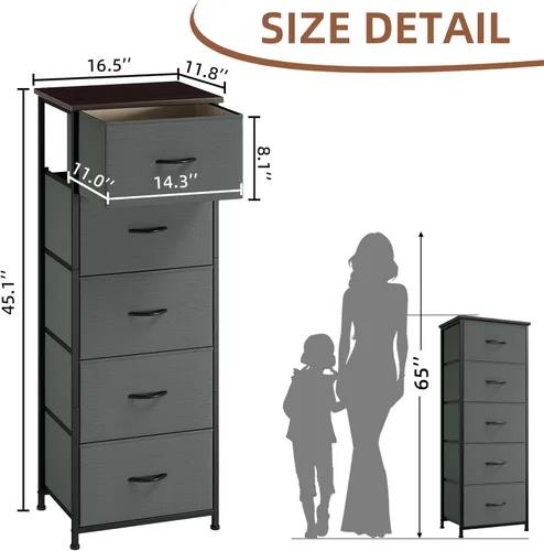 Miniatura 3 de Somdot - Cómoda alta para dormitorio con 5 cajones, organizador de almacenamiento con contenedores de tela extraíbles para armario, mesita de noche