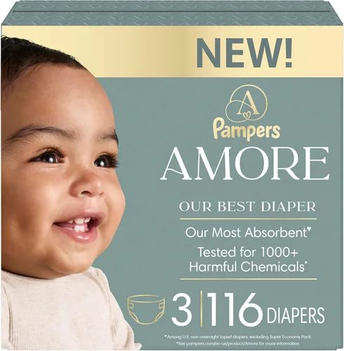 Miniatura 23 de Pampers Amore, tamaño 3 (13-26 libras), 66 unidades, nuestro mejor pañal, hipoalergénico y sin fragancia, hasta 100% a prueba de fugas, suave como