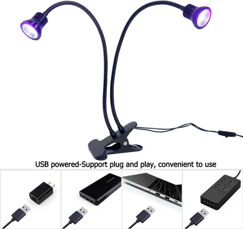 Miniatura 3 de YXO YUXINOU Accesorio negro con cuello de cisne y abrazadera para curado UV de uñas de gel UV, portátil, doble cabeza, luz negra UV de 5 V, entrada