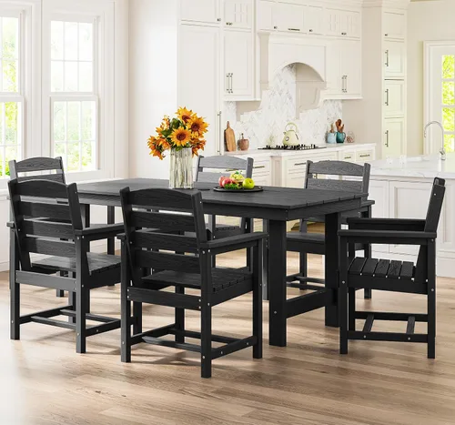 Miniatura 7 de SERWALL Juego de mesa de comedor de 7 piezas, muebles de comedor de polietileno de alta densidad para exteriores con agujero para paraguas y 6 Negro