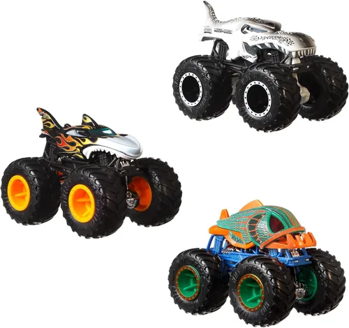 Hot Wheels Toy Monster Trucks Creature - Juego de 3 camiones de juguete en escala 1:64: Shark Wreak, Piran-ahh y Mega-Wrex