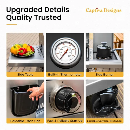 Miniatura 9 de Captiva Designs - Barbacoa de gas propano de 6 quemadores con quemador lateral y rejilla y placa de hierro fundido esmaltada en porcelana