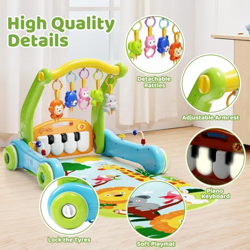Miniatura 2 de Tapete de juego para gimnasio para bebés con andador, centro de actividades de piano 2 en 1 con luz y música, tapete para el tiempo boca abajo