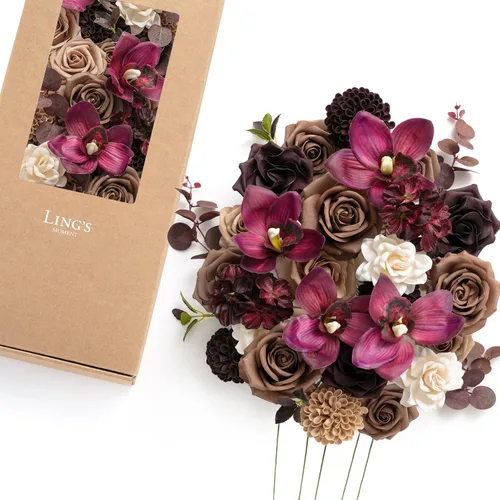 Miniatura 16 de Ling's moment Caja de flores falsas, tallos de vegetación artificiales sintéticos, rosas de espuma, peonías de seda, ranúnculo, flor fábica