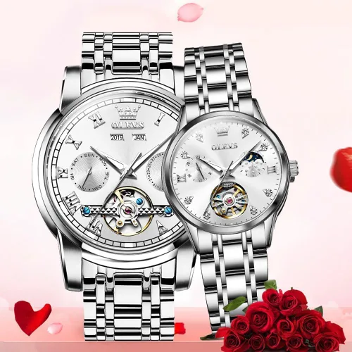 Miniatura 6 de OLEVS Relojes de pareja para hombres y mujeres, reloj automático para él y ella, tono de remolque, de acero inoxidable, impermeable, luminoso
