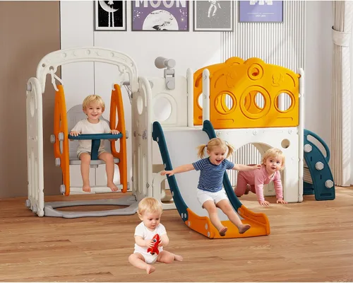 Miniatura 9 de GITAWUSA Juego de tobogán y columpio 9 en 1 para niños pequeños de 1 a 3 años, para interiores y exteriores, con aro de baloncesto, telescopio