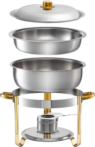 TigerChef - Plato de acero inoxidable con acento dorado de 4 cuartos de galón, 4 cuartos de galón, calentador de alimentos para fiestas, buffet, set