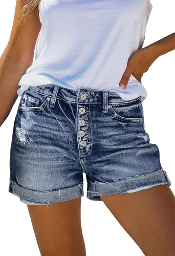 Pink Queen Pantalones cortos de mezclilla de cintura alta para mujer, estilo casual, rasgados, de verano, pantalones cortos desgastados